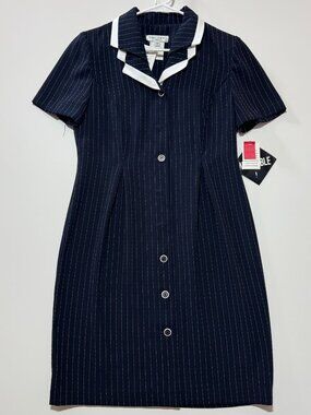 Vintage Miss Dorby Navy Pinstripe Button Collared Midi Dress Size 8P
